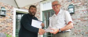 Tony Arnold, PGG Chairman, presents Michael Hughes of Durham University Botanical Garden with Guild Loyal Service Award at Skipwith Hall, Yorkshire on 11.6.21.